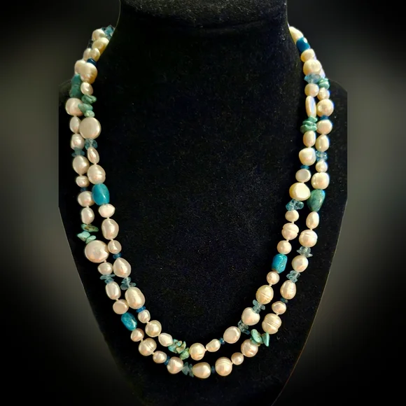 Honora 925 Pearl, Blue Topaz, & Turquoise Necklace NWT (40 inches) - Picture 3 of 7